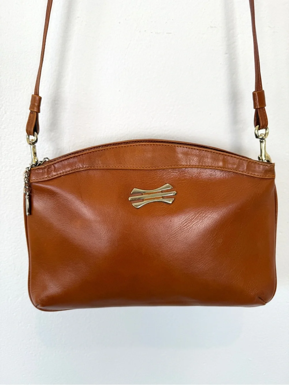 Vintage Brown Leather Double Zip Crossbody Shoulder Bag Purse